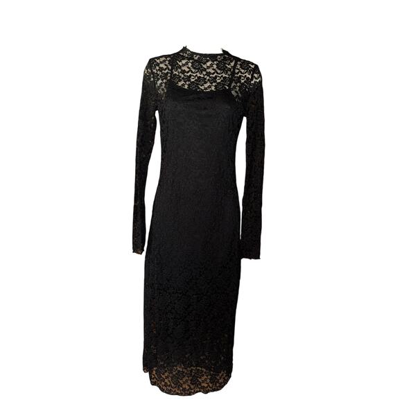 Vestique Black Lace Sheer Overlay Long Sleeve Midi Dress | NWOT | Size S - Picture 4 of 9